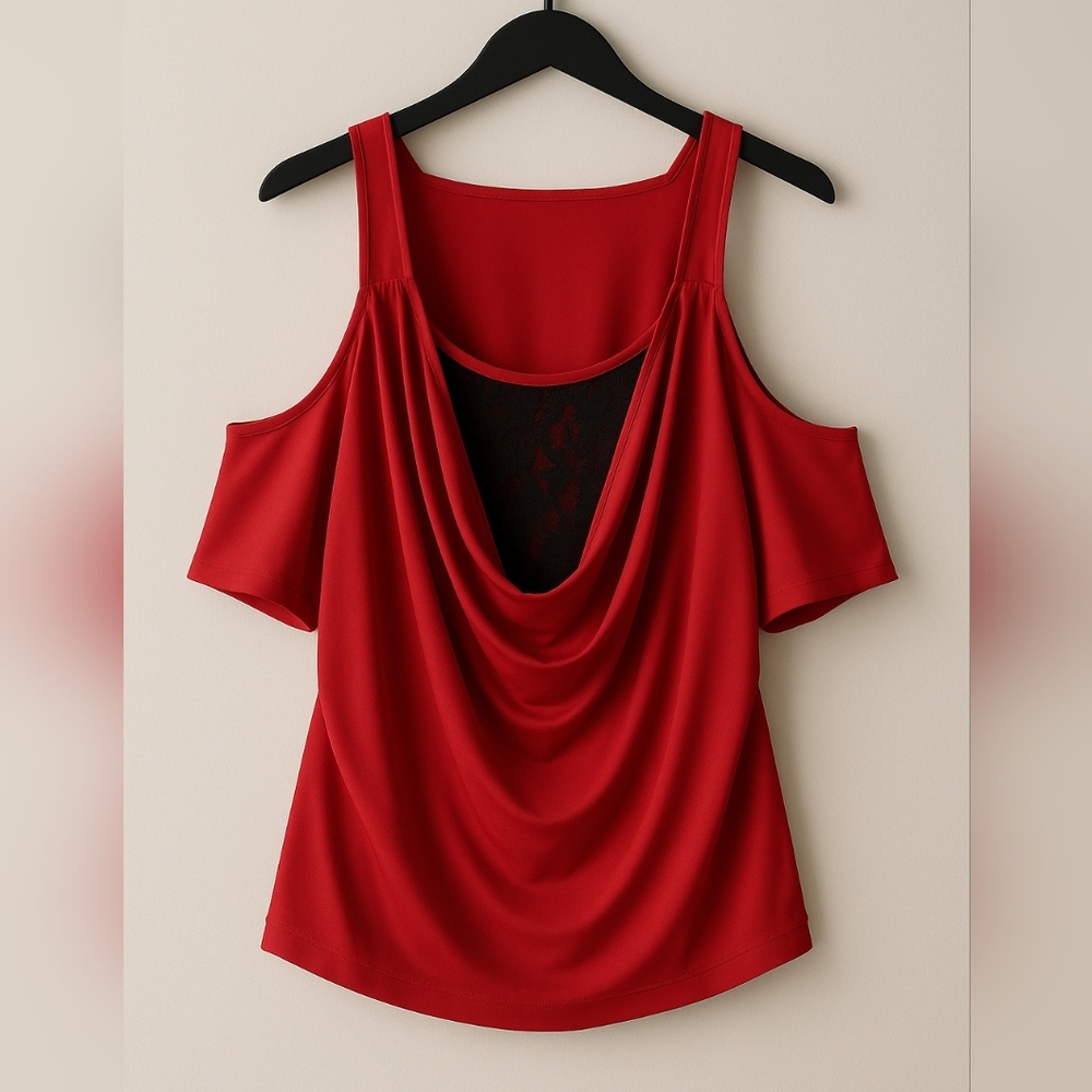 #179 Red Cold Shoulder Drape Neck Blouse XL Short Sleeve Top